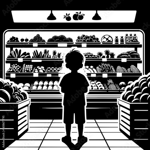 Black and White Vector Silhouette of a Boy Looking at Fruit Section