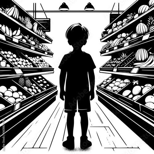 Black and White Vector Silhouette of a Boy Looking at Fruit Section