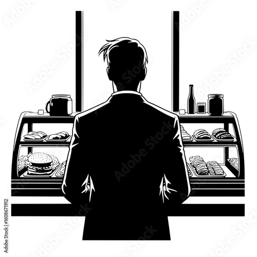 Black and White Vector Silhouette of a Man at the Deli Counter