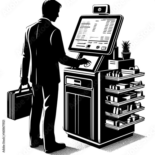 Black and White Vector Silhouette of a Man Scanning Items at Self-Checkout
