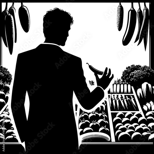 Black and White Vector Silhouette of a Man Inspecting Vegetables