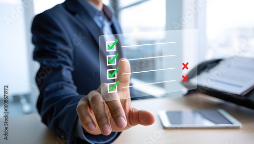 Businessman showing online document validation icon, Concepts of practices and policies, company articles of association Terms and Conditions, regulations and legal advice, corporate policy.