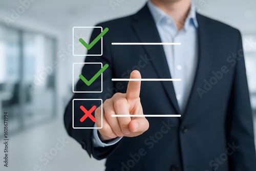 Businessman showing online document validation icon, Concepts of practices and policies, company articles of association Terms and Conditions, regulations and legal advice, corporate policy.