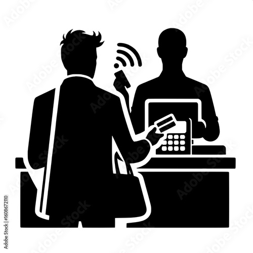 Black and White Vector Silhouette of a Man at the Payment Counter with Wallet