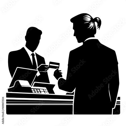 Black and White Vector Silhouette of a Man at the Payment Counter with Wallet