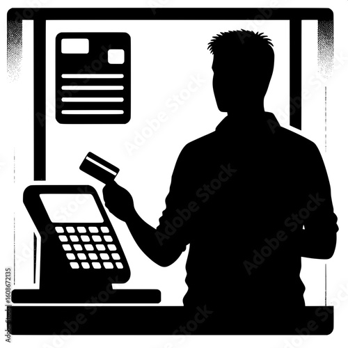 Black and White Vector Silhouette of a Man at the Payment Counter with Wallet