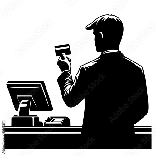 Black and White Vector Silhouette of a Man at the Payment Counter with Wallet