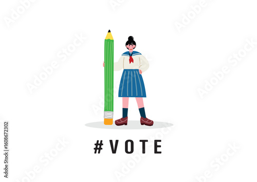 大きな鉛筆を持つ女子高生