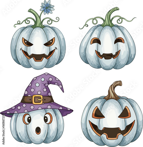 Cartoon pumpkins with expressive faces and decorations including witch hat, flower, curly stem, and scary jack-o'-lantern Halloween theme