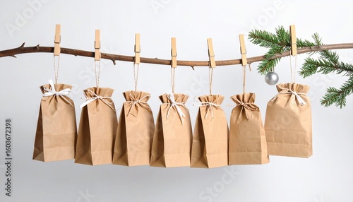 Rustic Christmas Gift Bags Hanging on a Branch