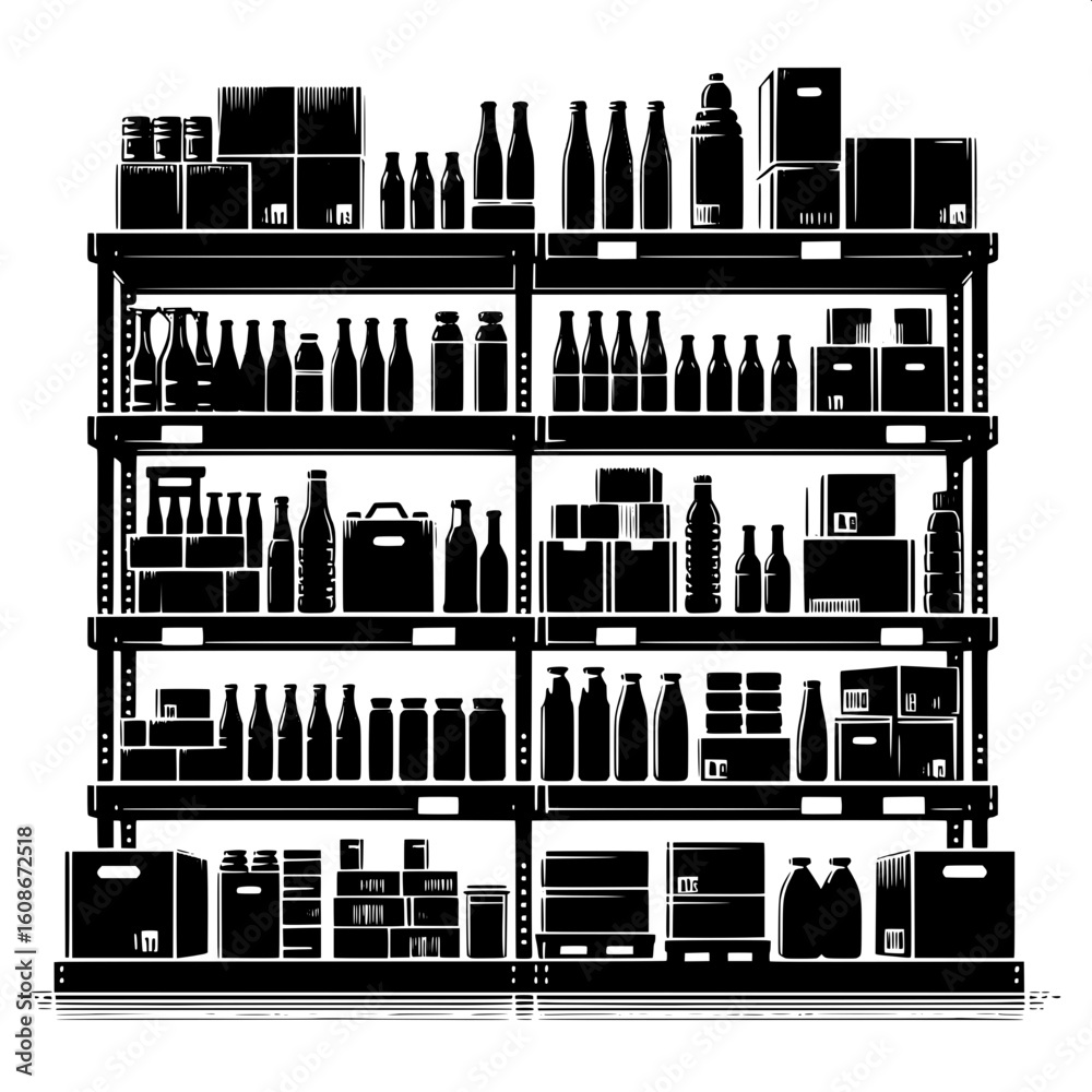 Obraz premium Black and White Vector Silhouette of Shelves Filled with Products