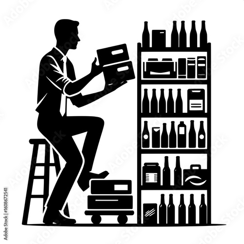 Black and White Vector Silhouette of a Man Organizing Products on Shelf