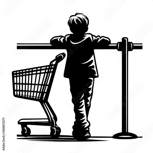 Black and White Vector Silhouette of a Boy Leaning on Shopping Cart