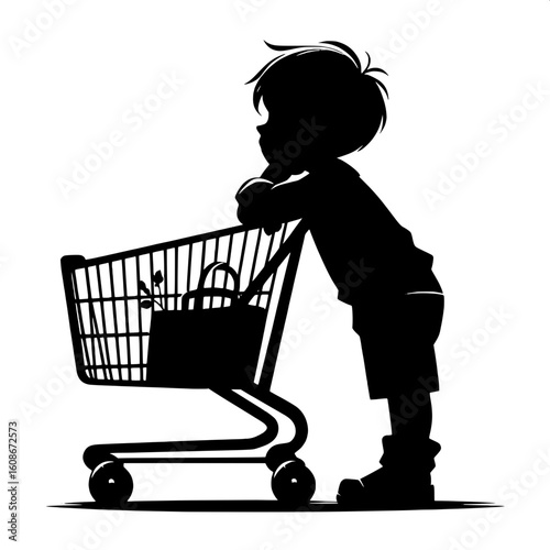 Black and White Vector Silhouette of a Boy Leaning on Shopping Cart