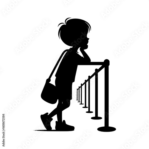 Black and White Vector Silhouette of a Boy Leaning on Shopping Cart