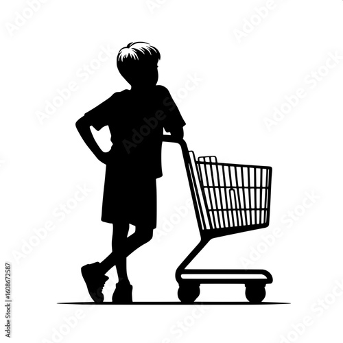 Black and White Vector Silhouette of a Boy Leaning on Shopping Cart