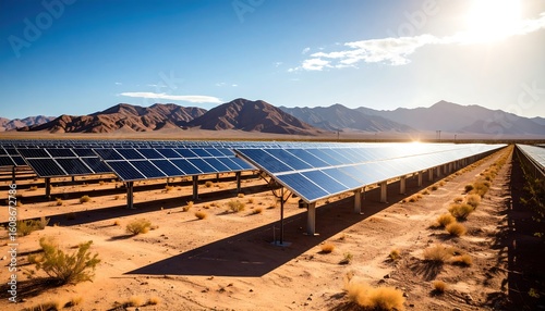 Solar panels array in a desert landscape under a vibrant blue sky
