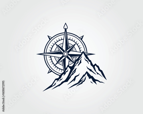 Vintage compass rose above rugged mountain peaks logo design modern vector template.