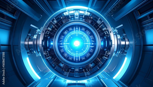 Futuristic, glowing circular mechanism in a dark space