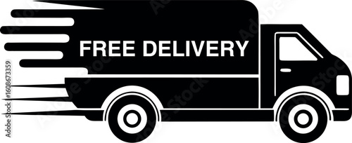 Fast free delivery truck moving quickly silhouette vector illustration