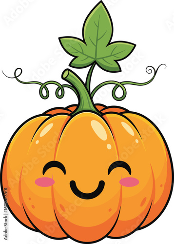 Cute cartoon pumpkin with smiling face, green stem and leaves, vector illustration for autumn, harvest, Halloween, and seasonal decor