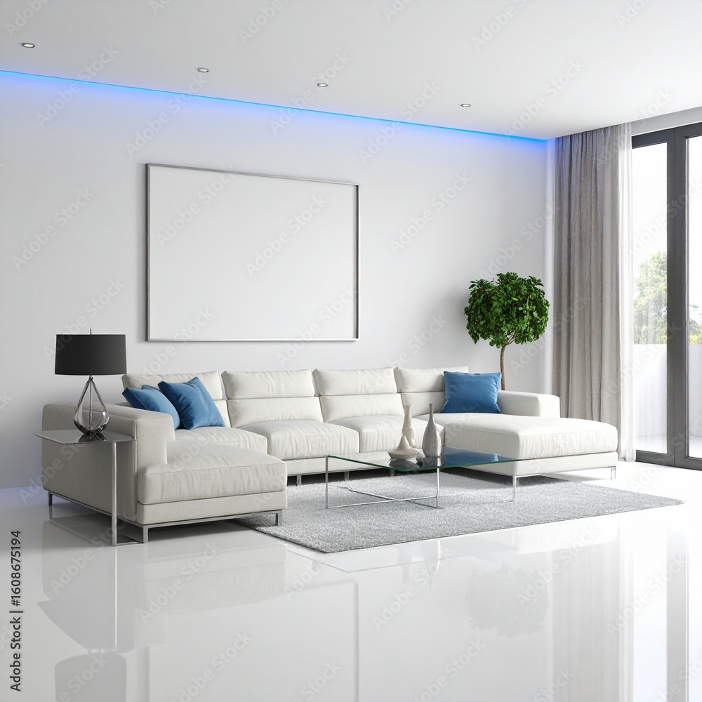Fototapeta premium Modern Minimalist Living Room with Blue Accent Lighting and Blank Canvas