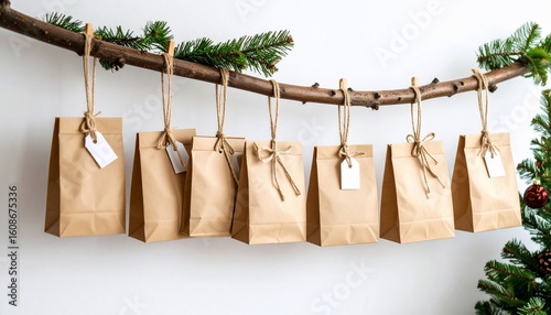 Rustic Christmas Advent Calendar: Kraft Paper Bags Hanging on a Branch