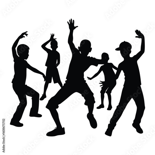 Silhouettes of energetic kids strike dynamic poses in a hip-hop dance class, capturing rhythm, movement, and youthful spirit in every jump, slide, and groove.

