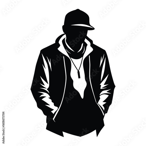 A dynamic rapper silhouette strikes a bold pose with a mic in hand, exuding energy, rhythm, and street style—capturing the essence of hip-hop culture in motion.
