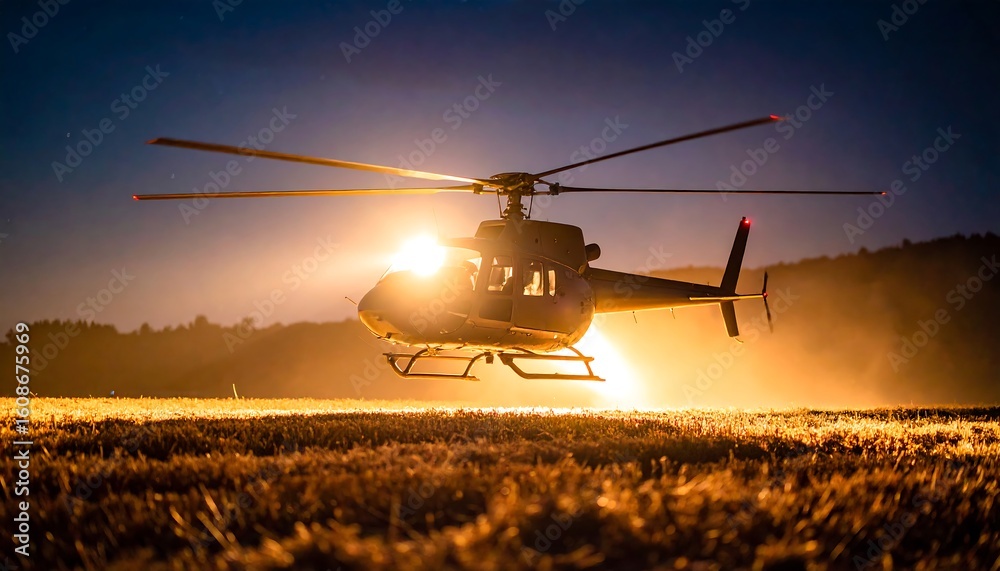 Fototapeta premium Helicopter night flight over field