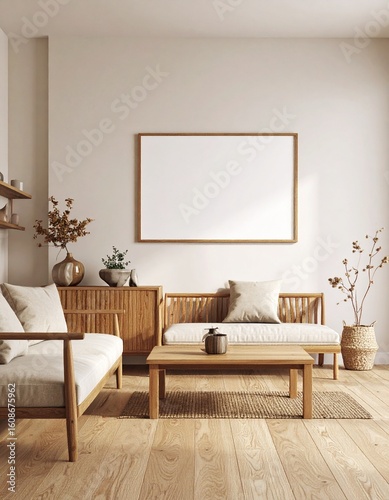 Serene Japandi Living Room with Natural Wood Furniture and Blank Horizontal Frame