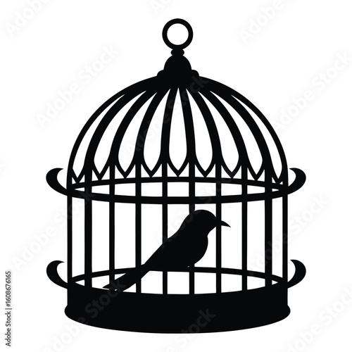 A silhouette of a bird cage, delicately outlined, hangs gracefully with slender bars and an arched top—symbolizing freedom, beauty, and the echo of a song once sung.
