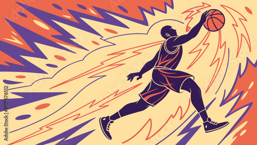 Basketball player silhouette dunking with an explosive abstract and chaotic background