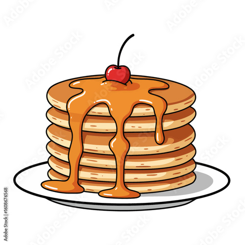 Delicious pancake stack drizzled with sweet syrup and topped with cherry creates mouthwatering delight
