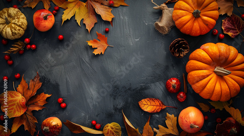 Happy Thanksgiving holiday background from autumn leaves, pumpkins and fall decorations on turquoise table.