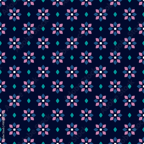 Cute small pink flowers pattern diamond shapes motif continuous classic blue background. Modern decoration ditsy floral fabric design textile swatch women's dress, men's shirt all over print block.	