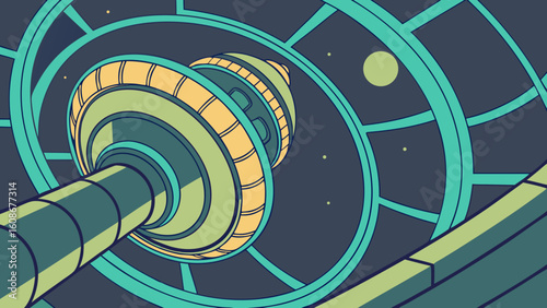 Abstract visualization of a futuristic quantum space station in a cosmic setting