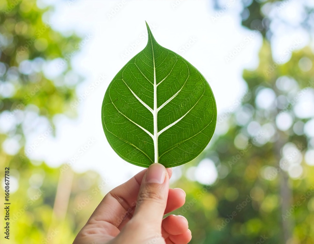 Hand holding a vibrant green leaf against blurred trees. Hand holding a vibrant green leaf against blurred trees.