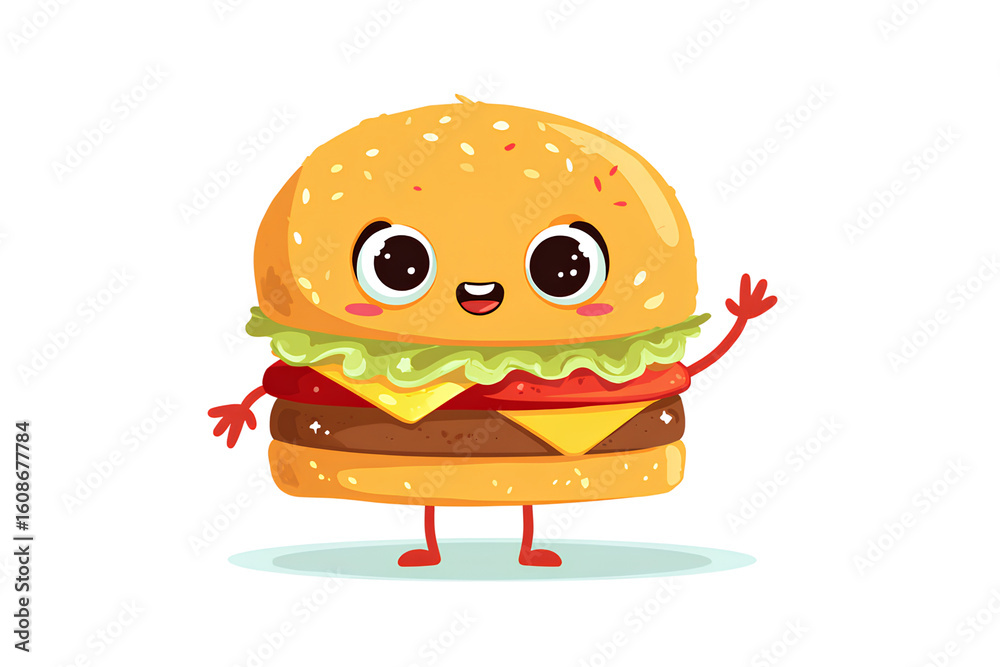 Cute cartoon hamburger character waving hello isolated on transparent background Cute cartoon hamburger character waving hello isolated on transparent background