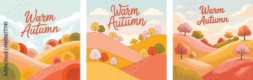 Three Flat Landscape Illustrations with Rolling Autumn Hills, Stylized Trees, and 'Warm Autumn' Text