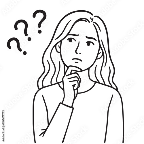 A black and white vector of a confused woman, outlined in bold black, with a large question mark beside her to emphasize uncertainty and hesitation.

