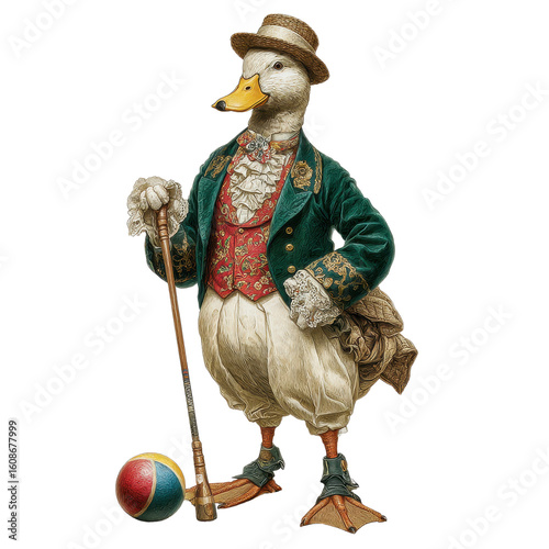 Victorian era duck dressed in formal attire holding a croquet mallet and ball