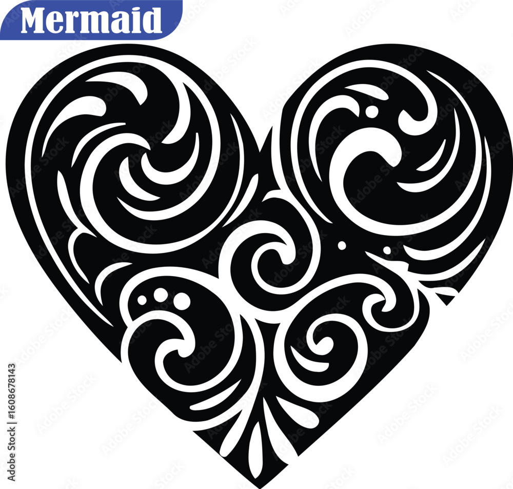 Fototapeta premium Intricate Swirls Heart Shape Black & White Vector - Decorative Love Symbol for Romantic Designs, Valentine's Day, & Elegant Graphics.