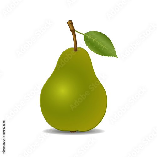Green Pear Vector Illustration with Leaf and Stem on Transparent Background