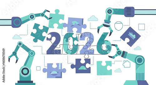 Wallpaper Mural Robotic arms assemble puzzle pieces to form the year 2026, symbolizing future technology and automation. Torontodigital.ca