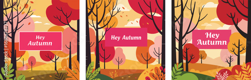 Cheerful and dynamic autumn landscape triptych with colorful stylized trees, rolling hills, and "Hey Autumn" messaging.