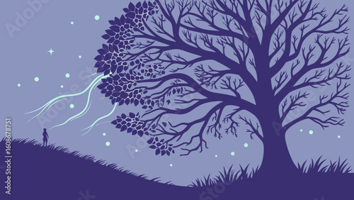 Silhouette of a person gazing at a large, stylized tree under a starry, whimsical night sky
