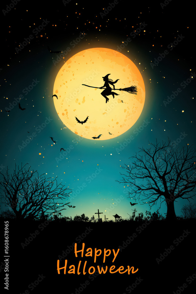 Happy Halloween night with witch flying on broomstick in front of full moon Happy Halloween night with witch flying on broomstick in front of full moon