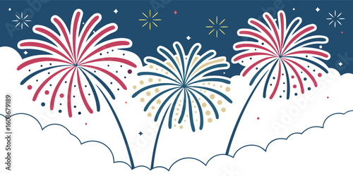 Three stylized fireworks bursts in red white and blue against a dark blue sky with clouds