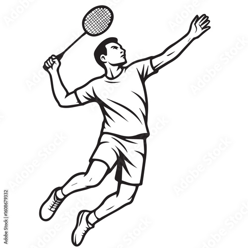 A black and white vector of a male badminton player smashing the shuttlecock, outlined in bold black lines, capturing power, motion, and athletic precision.